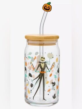 Halloween Jack Skellington Glass Drinkware with Bamboo Lid and Straw